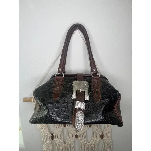 VTG Handbag Brown Western Satchel Crocodile Embos Cowhide Silver Buckle Boho - Picture 1 of 6